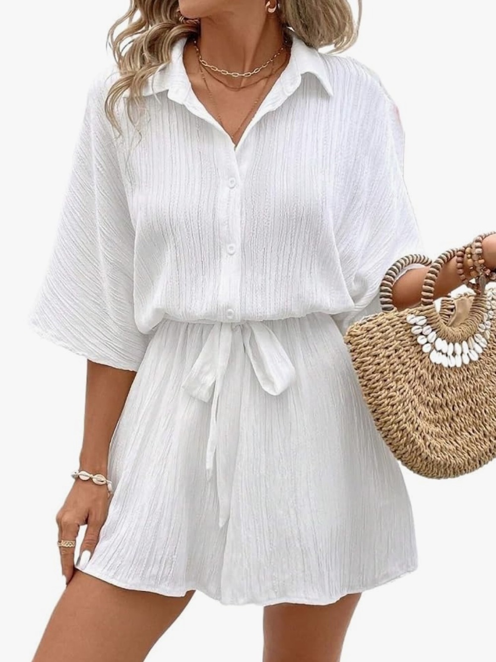 Women’s White Mid-Sleeve Shirt Romper with Waist Tie